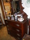 ANTIQUE DRESSER W/MISSOR - MIRROR NEEDS REPAIR - NIPPON COFFEE SET