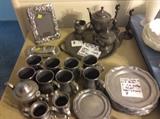 8 3-pc pewter dinner set with tea kettle, sugar and creamer, butter dish with lid, frame and a second tea set with matching candle sticks