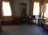 Furniture.  Curio cabinet, 3 piece living room set, bench and matching end table