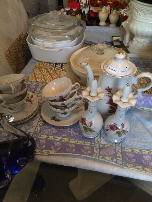 Tea set with matching vinegar and oil 