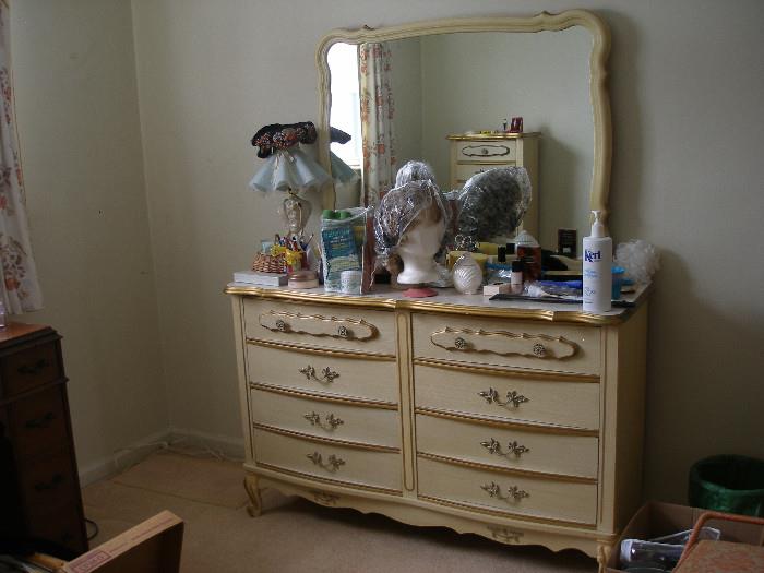 dresser w/ mirror, wigs, beauty supplies