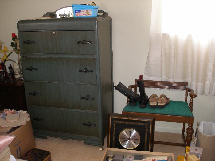 chest of drawers w/ mirror back, vanity stool, clock, shoes size 10,