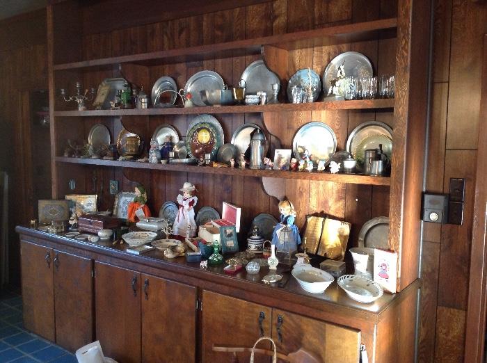 cabinet with old pewter, dolls, german porcelain, lots of small trinkets