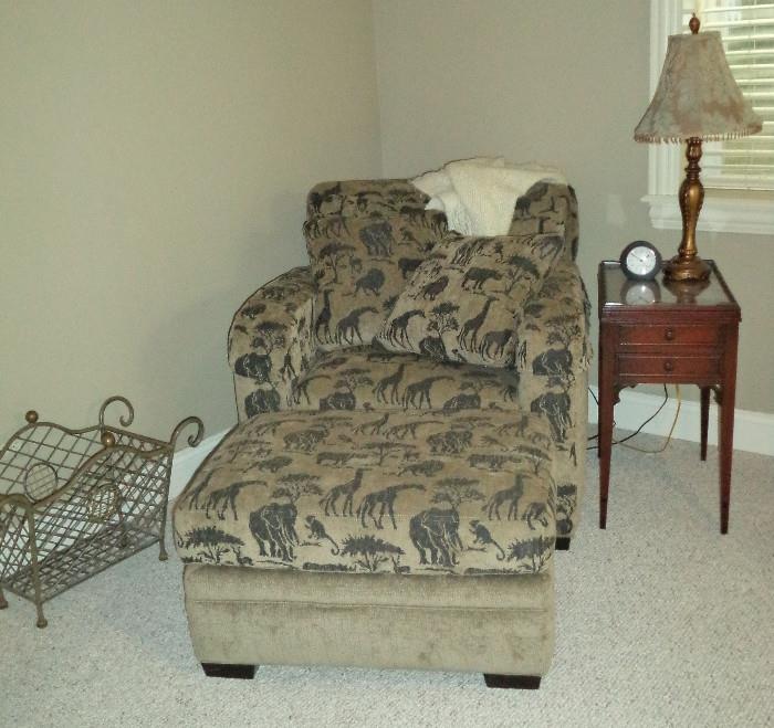 Safari Chair w/Ottoman & Throw Pillows, 1 of 2 Matching Side Tables, Iron Rack