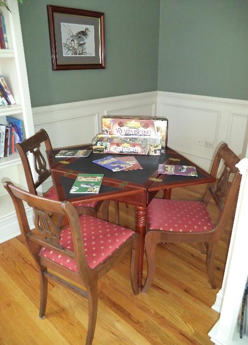 Swivel Top Game Table w/Fold Up Corners, 4 Lyre Back Dining Chairs