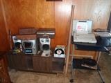 record cabinet, stereo system, 45's, cassettes and 8-tracks, electric typewriter & small computer desk