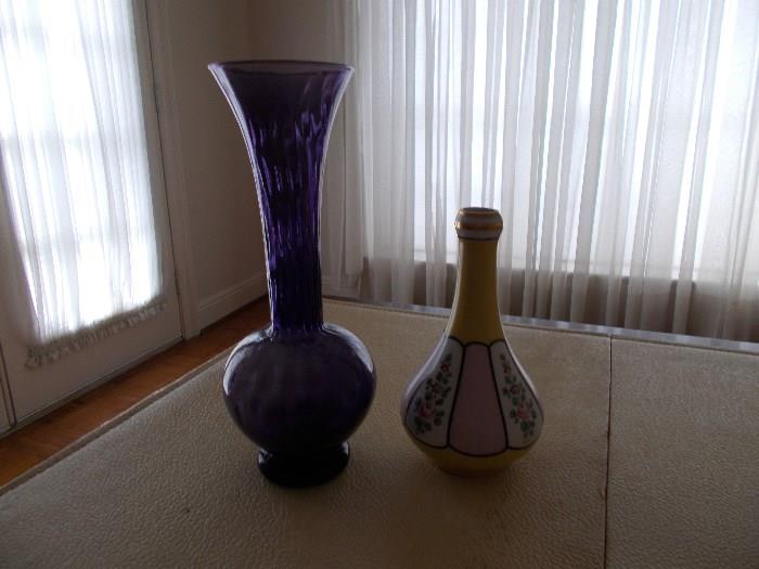 Left to Right:  Tall Purple Vase; Made in Japanese Purple & Yellow Vase