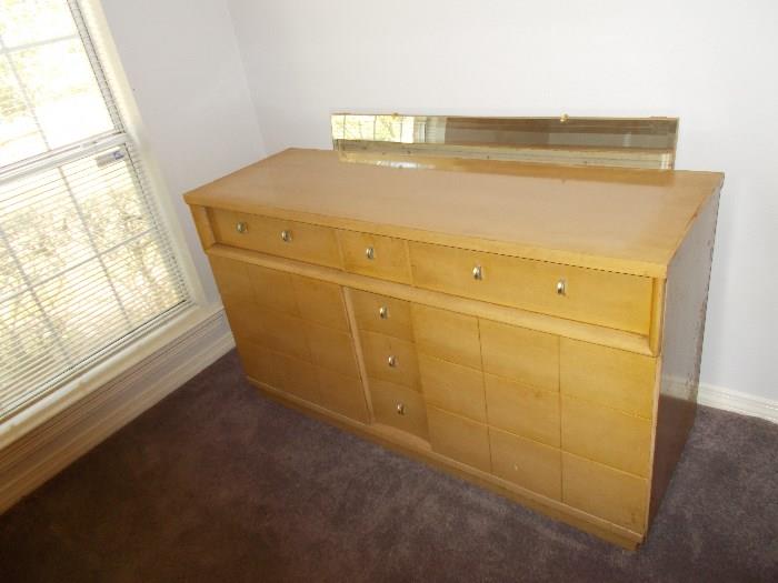 Cavalier Furniture Company Blonde Mahogany Mid Century Modern Dresser & Mirror (mirror is not attached - it is standing behind the dresser) - has glass top - you will leave these Mid Century Modern pieces!!!
