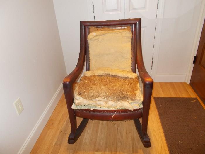 Vintage Rocker - needs re-upholstering - probably Birch or Beech Wood - finished to "look like" mahogany - late 1920's