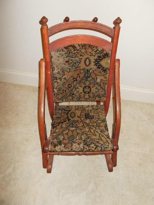 Vintage Child's Folding Rocker with Carpet Back & Seat Upholstery - Turn of the century - GREAT Child's Piece!