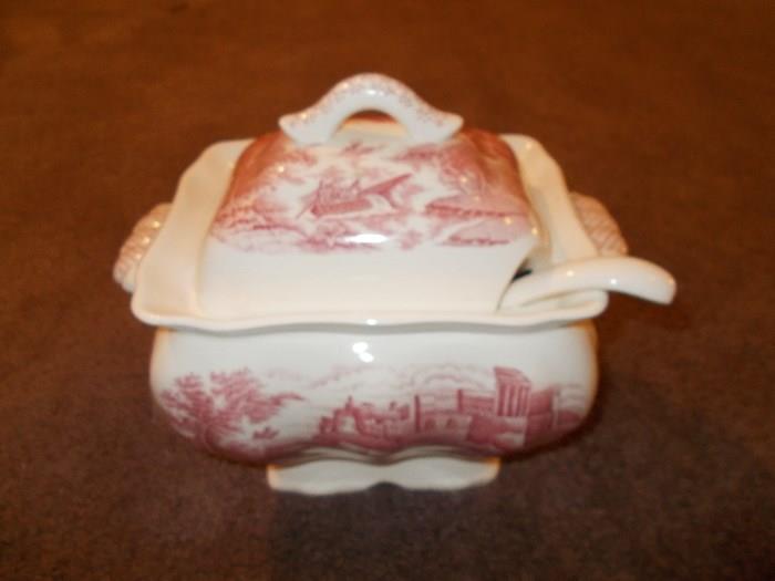 Pink/White Transferware Soup Tureen with Ladle - have 2 cups/saucers; 2 dinner plates