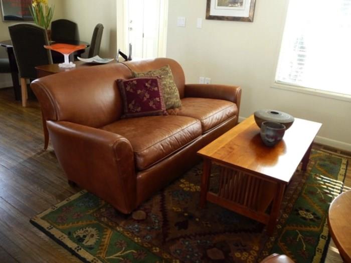 Pottery Barn Leather Sofa, Stickley Mission-style Coffee Table, & Pottery Barn Area Rug