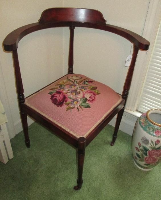 Antique corner chair w/ needlepoint seat