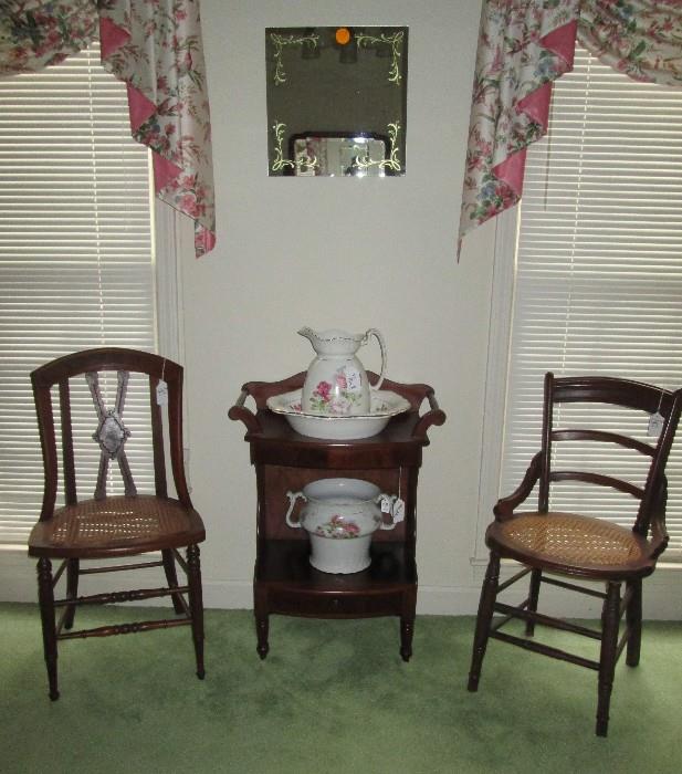 Wash Stand, Antique Bowl with Pitcher, Antique cane seat chairs