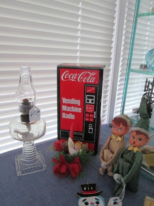 Miniature oil lamp, Pair of vintage "Elf on a Shelf" 