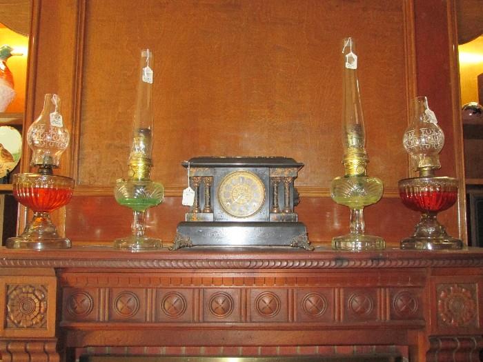 Aladdin Washington Drape oil lamps (2, 1 chimney "as is"), Greek Key oil lamps (2)