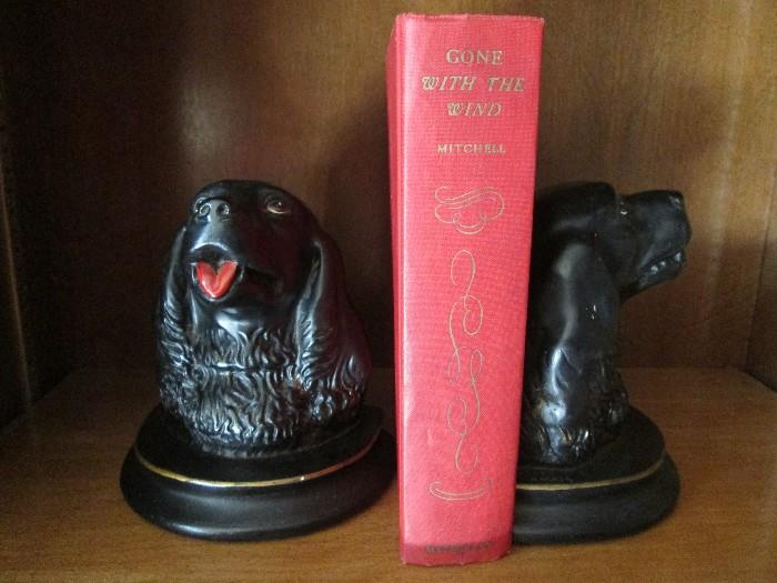 Chalk dog bookends, vintage copy of Gone WIth the Wind