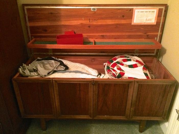 Interior of Lane Princess cedar chest with tapered legs (quilt shown is actually a pair of machine-made quilt shams)