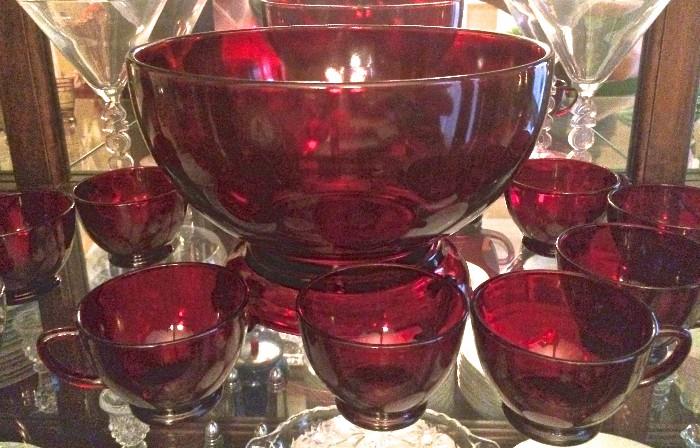 Red glass bunch bowl and cups