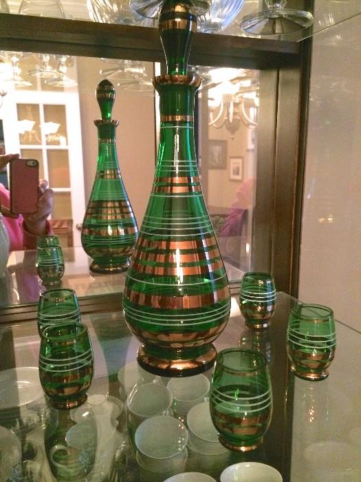 Vintage green glass decanter and matching glasses