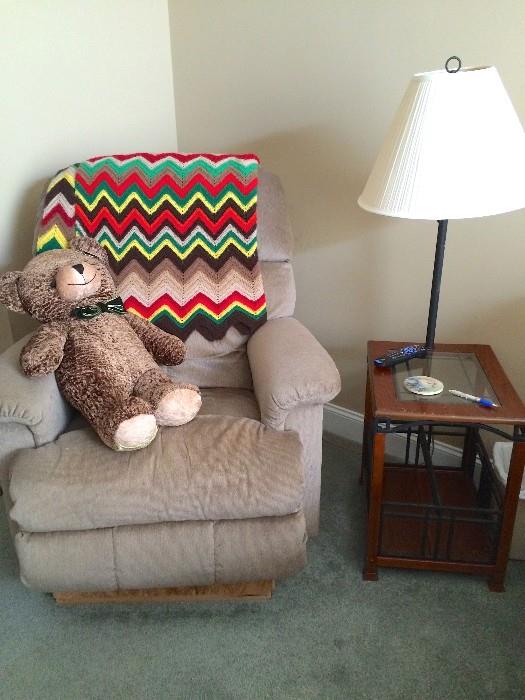 Yet another beige rocker/recliner and another 70s chevron-stripe afghan
