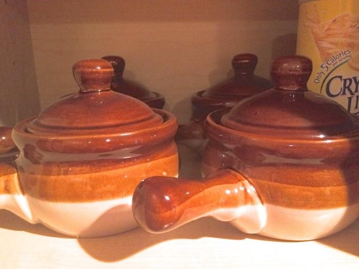 Vintage covered stoneware soup crocks