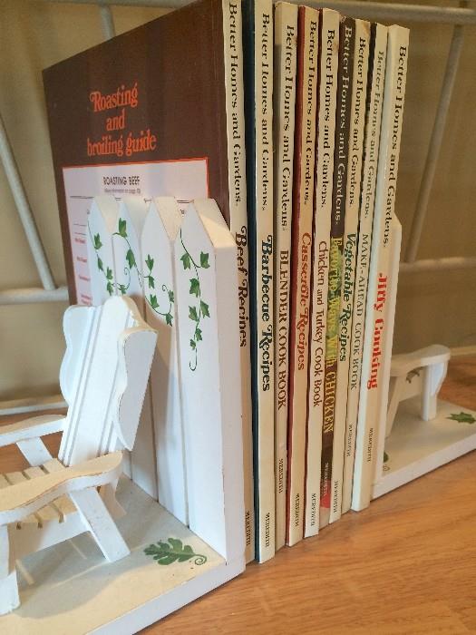 Vintage Better Homes cookbook set and whimsical lawn-chair wooden bookends