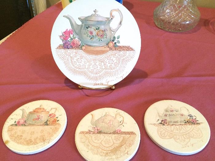 Ceramic teapot trivet and matching coasters for your next tea party