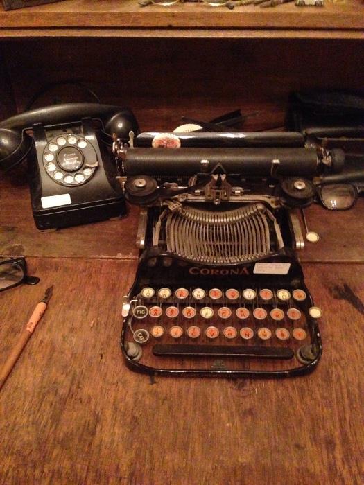 1910s Corona typewriter (Ernest Hemingway used one), 1930s Bell telephone