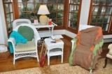 wicker table and chair, wicker chair, wicker tea cart, lamps (mate on other side of room) 