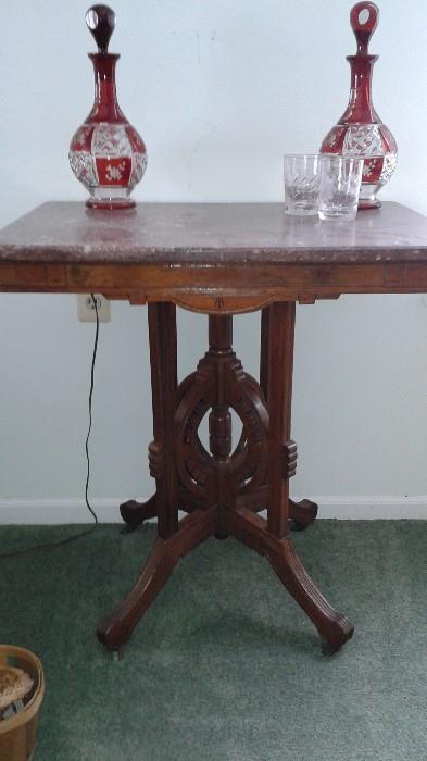 entry table with bohemian glass on top