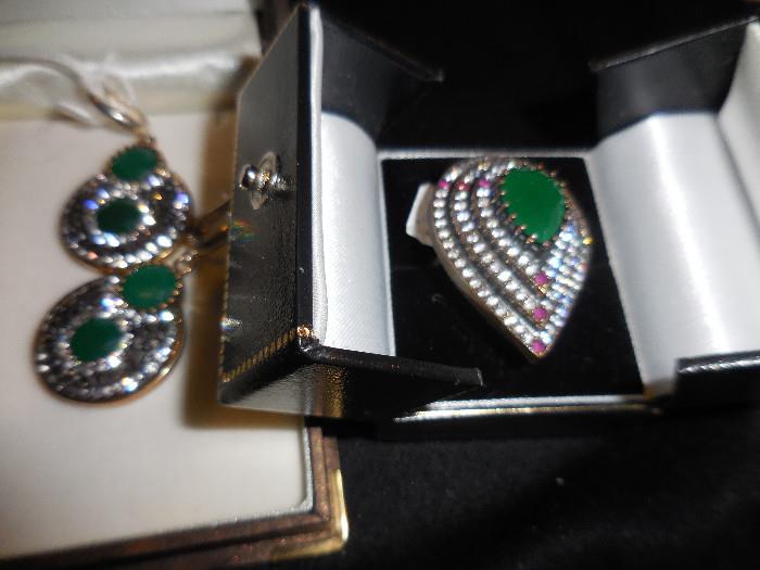 Sterling Emerald Earrings, and Emerald Sterling Ring