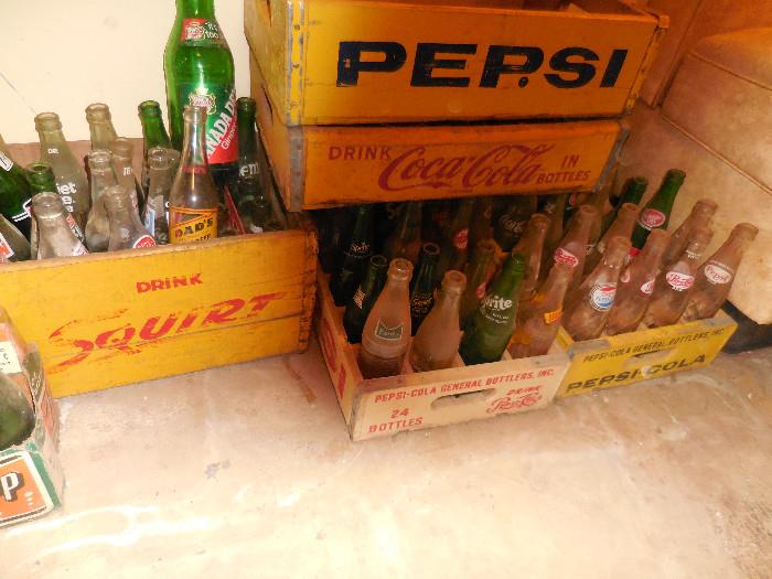 Vintage Glass Soda Bottles.Vintage Wood Crates