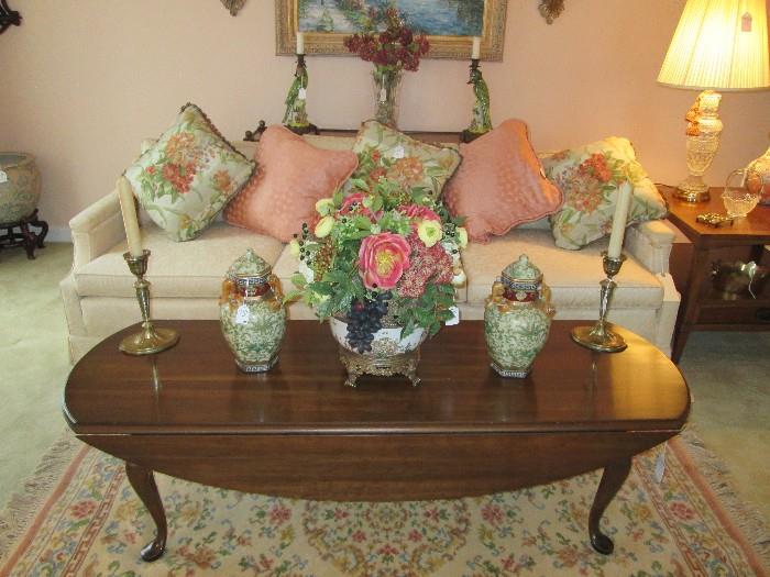 Queen Anne drop side coffee table, chinese ginger jars, Sherrill sofa