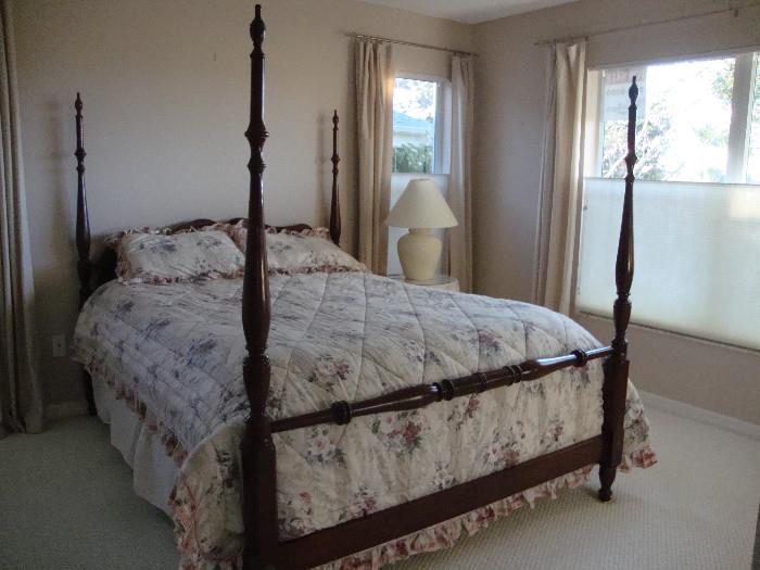 4 poster bed frame, bed and linens 