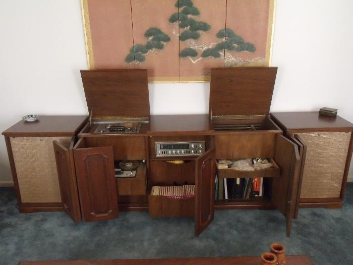 #202 Hi-Fi Stereo System. 1950 Handmade in Asia. Reel to Reel tape players , Receiver, Record Player, pioneer Speakers, 3 piece W21 D71 H33  $130