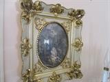 Amazing gold gilt scroll ormolu frame with checkered pattern with curved glass framing a partially colored antique lithograph