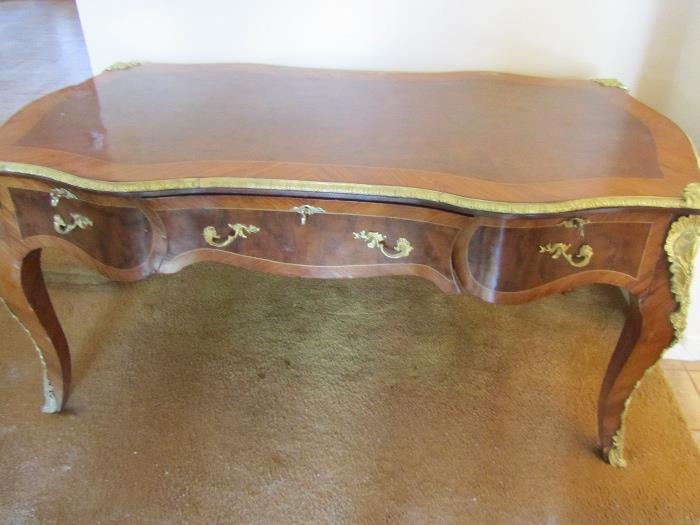 Louis XV Style Table with gilt ormolu and wonderful wood grain
