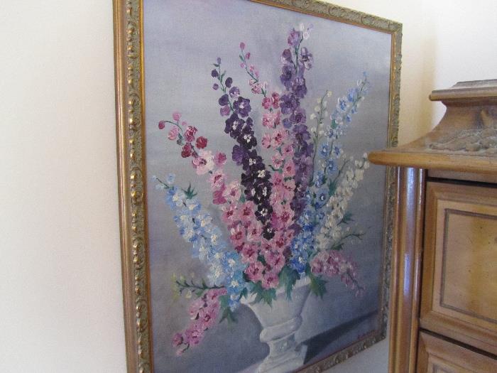 Most likely Foxglove flowers in vase, original art.