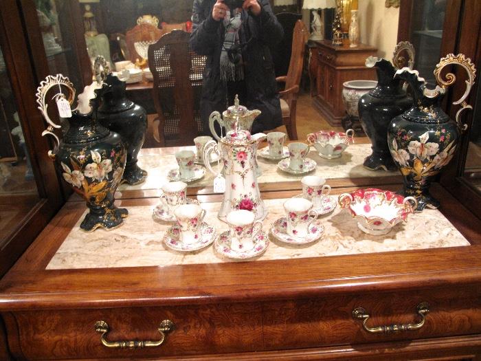 Chocolate Set, Perfect Condition, 2 Sevres style black ewers with floral designs, Nippon (Pink bowl, damaged)