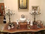 French Chandelier Lamps, Busts, Porcelain Victorian Scenes, French Louis XV Ormolu mounted table with 3 drawers in the frieze.