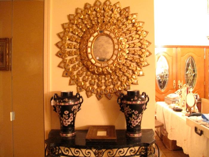 Italian Style Mirror, English Vases in Japanese Style, Small Mirror resting on Wrought Metal Hall Table