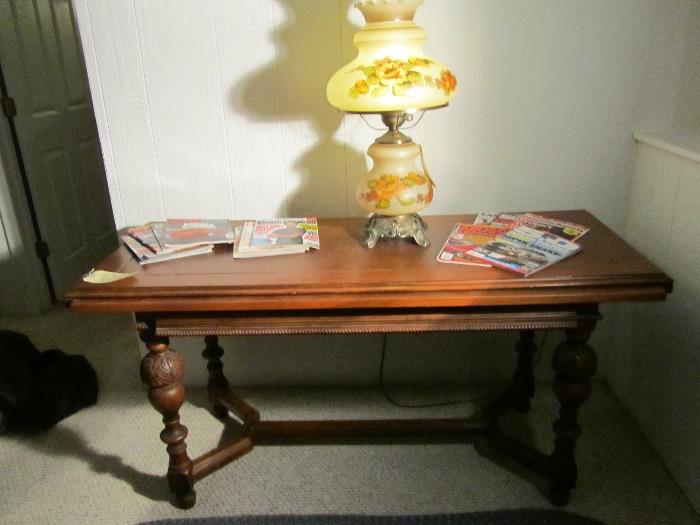 Beautiful "Gone with the Wind" Victorian-Style Table Lamp, Hand painted with flowers. Very Large. + Car Magazines on a bottom-support table