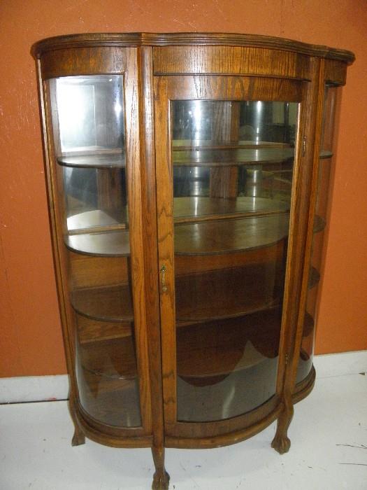Curved Glass Claw Foot Oak China Cabinet