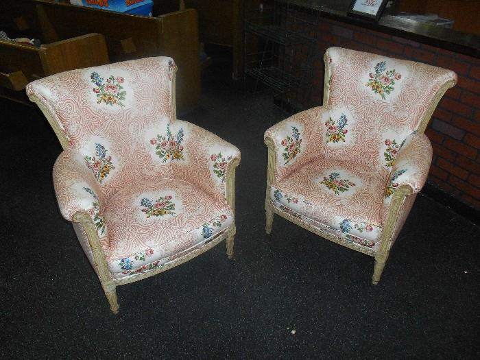 Awesome Pair of Petite French Bergere Chairs with Silk Upholstery 