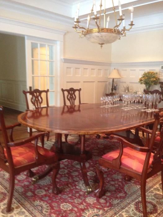Mahogany Dining Table with Satin Band As Shown with 2 leaves 8ft Long x 62" Wide , Set Six Dining Chairs, Persian Carpet approx 9x12, Kate Spade Stemware, Handsome Candelabra Fixture