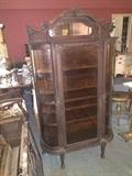 Nice Hooded Oak Curved Glass China Cabinet with Clawfoot