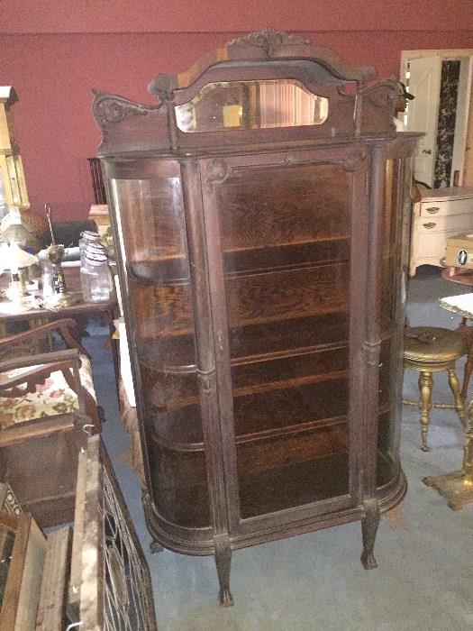 Nice Hooded Oak Curved Glass China Cabinet with Clawfoot