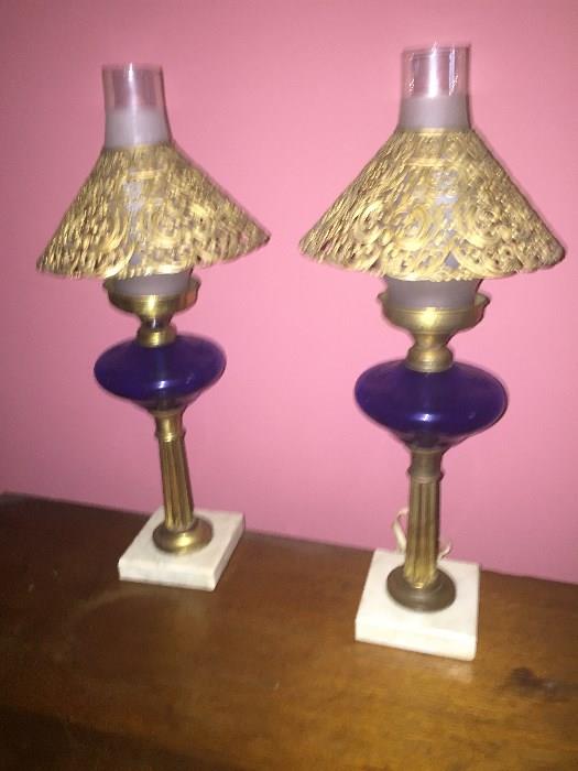Good Pair of Cobalt Blue Lamps with Marble Base