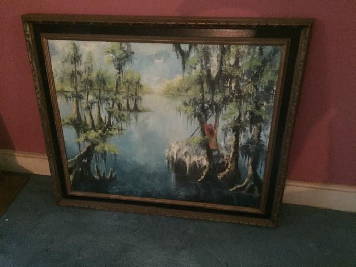 Nice Oil on Canvas - Picking Moss